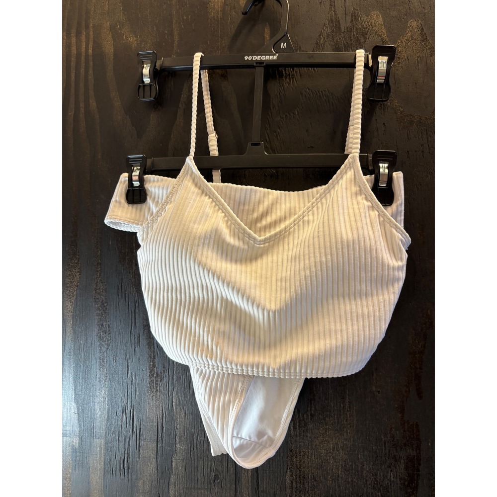 Forever 21 White Ribbed Bikini Set V-Neck Top High Cut Bottoms Medium
